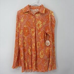 Camila Coelho Pacha Top Orange Floral Womens XS Long Sleeve Button Up Oversized